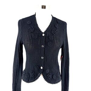 NWT Vintage Dead Stock Anne Klein Black Crochet Knit Rosettes Cardigan Sweater M